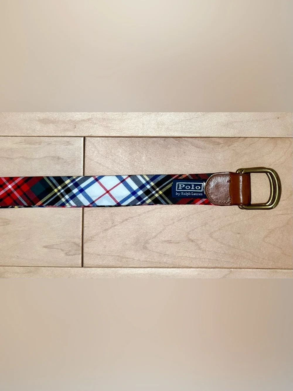 Polo Ralph Lauren D-Ring Belt Tartan Plaid Cotton Leather Trim Adjustable S/M*